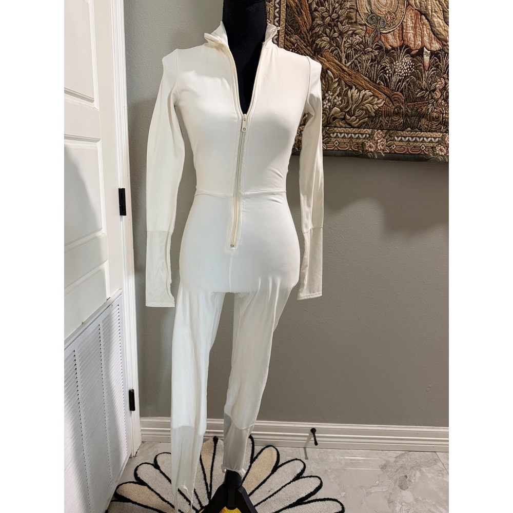 WEWOREWHAT Jumpsuit Womens XS White Zip Front Long Sleeve Mesh Stirrup One Piece